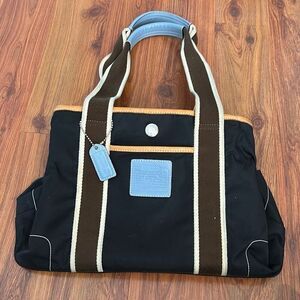 Coach Hampton black brown baby blue tote bag medium nylon